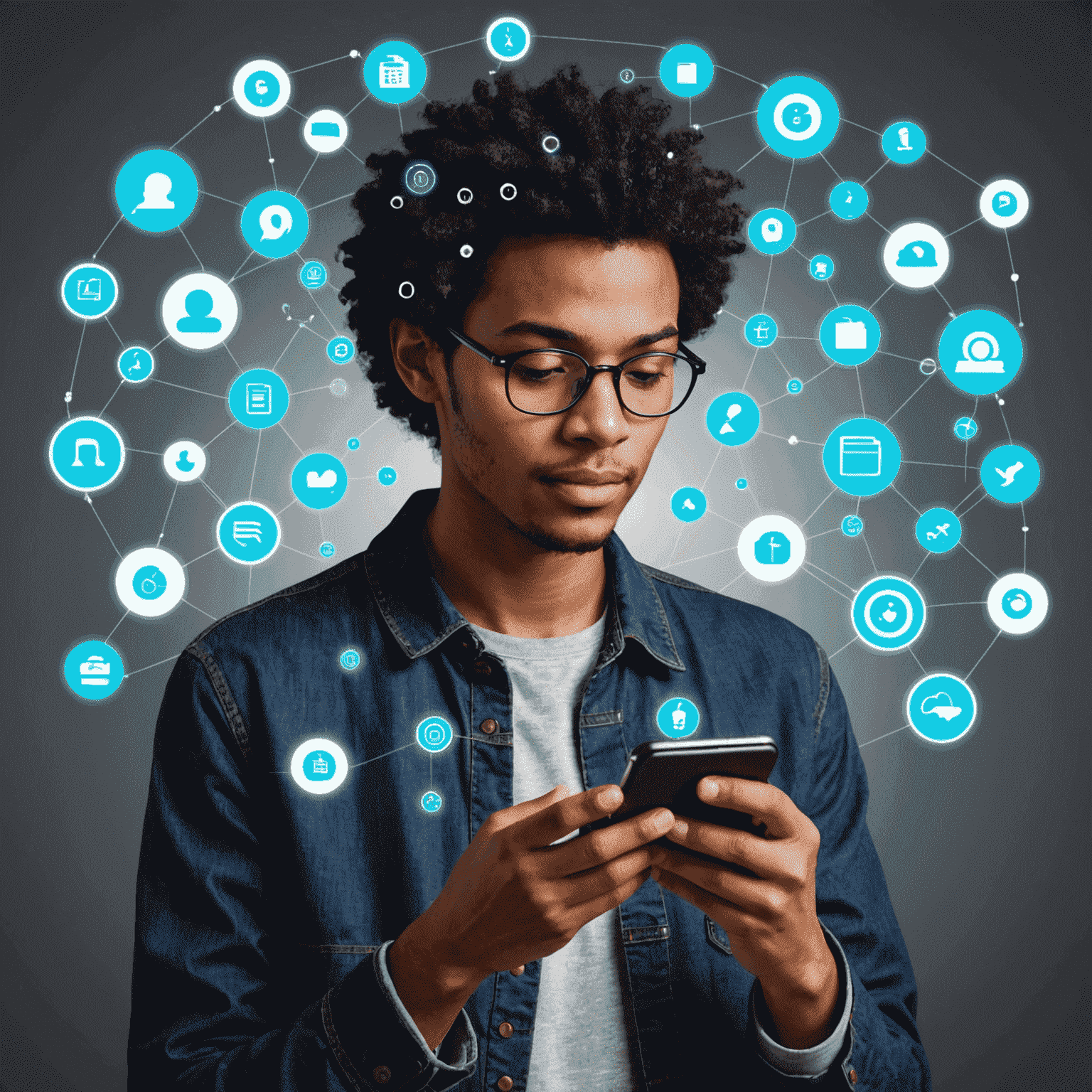 Illustration of a person using a smartphone with unlimited data symbols around them