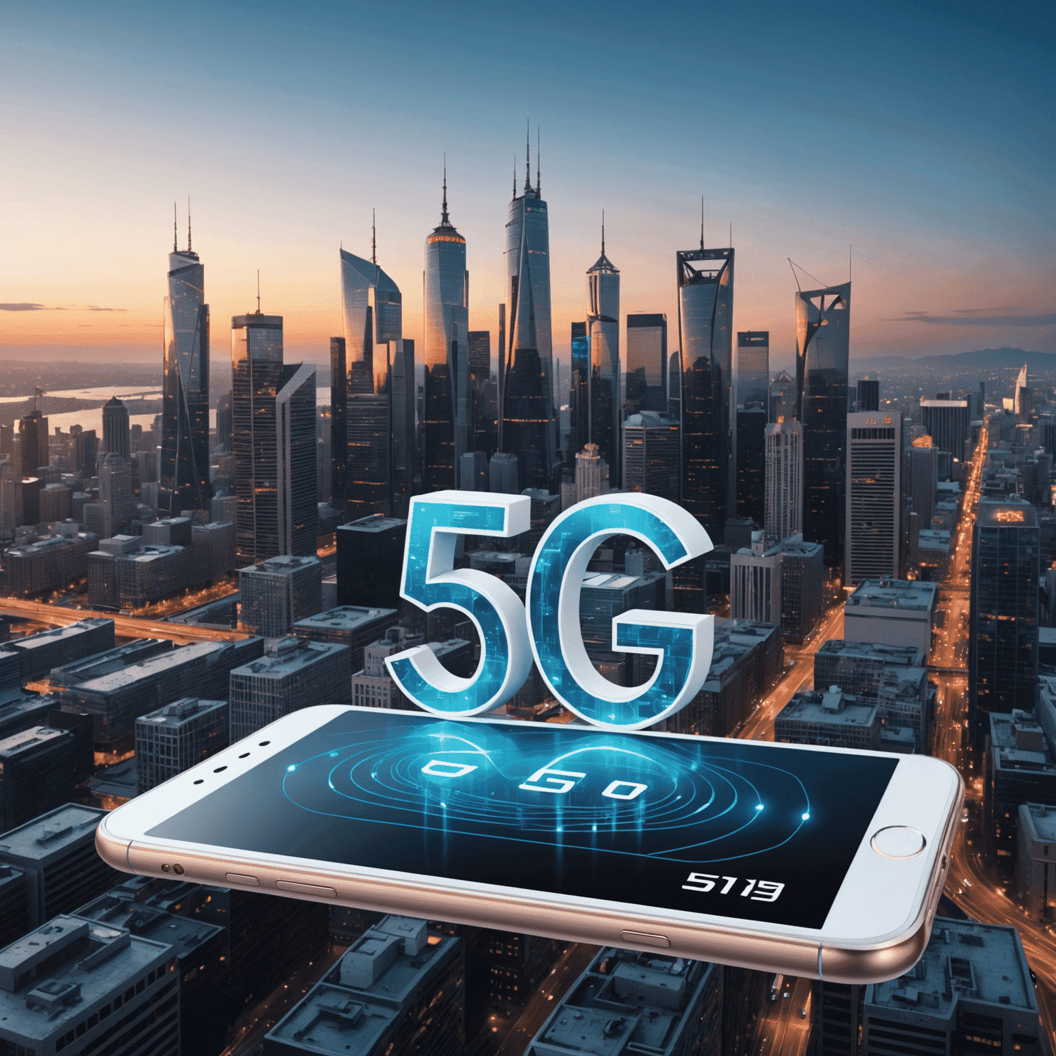 A visual representation of 5G internet plans, showing a smartphone with high-speed internet symbols around it, set against a futuristic city skyline.