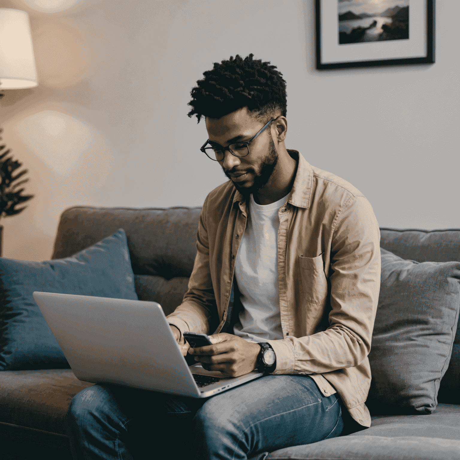 A person using a smartphone and laptop while sitting on a couch, representing the freedom and convenience of unlimited data plans for mobile devices and home internet