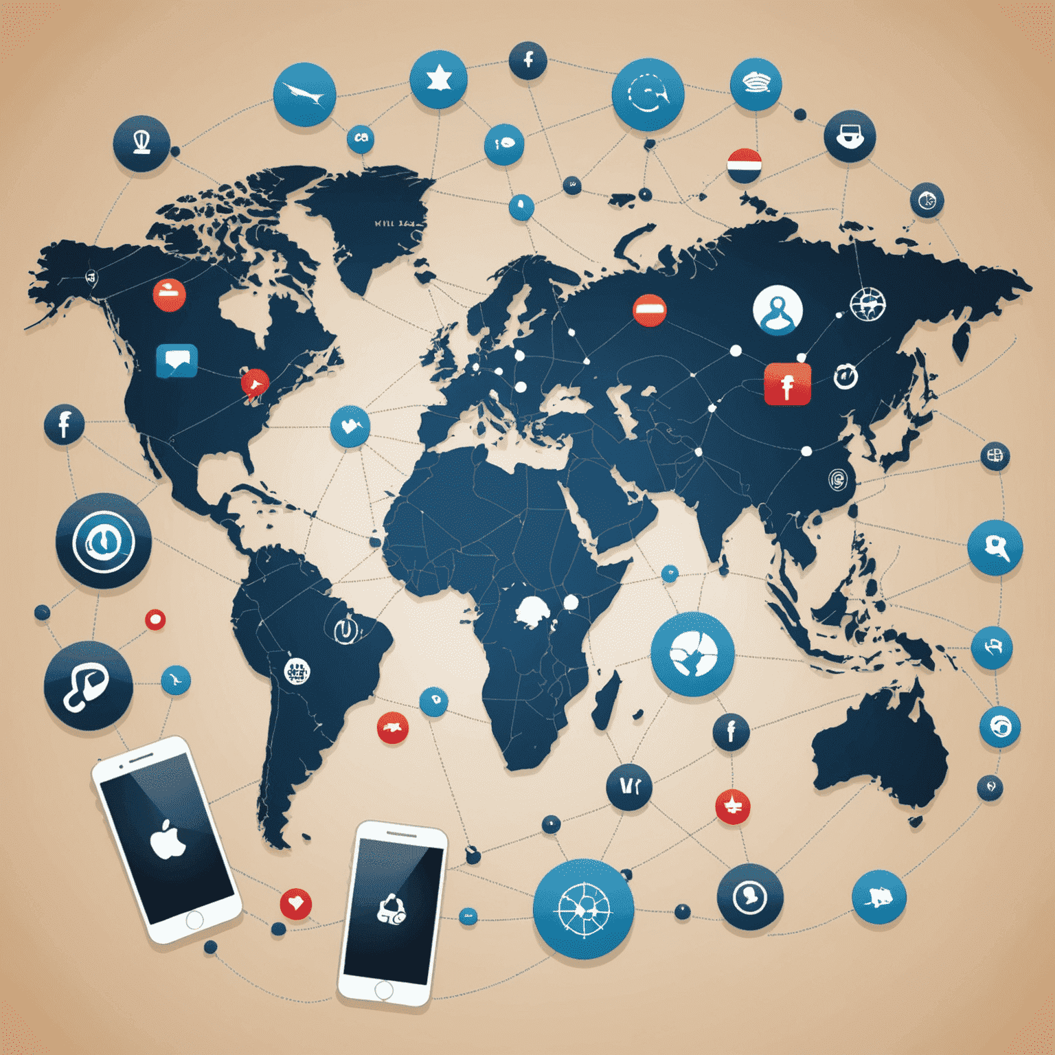 Illustration of a world map with phone call symbols connecting different countries