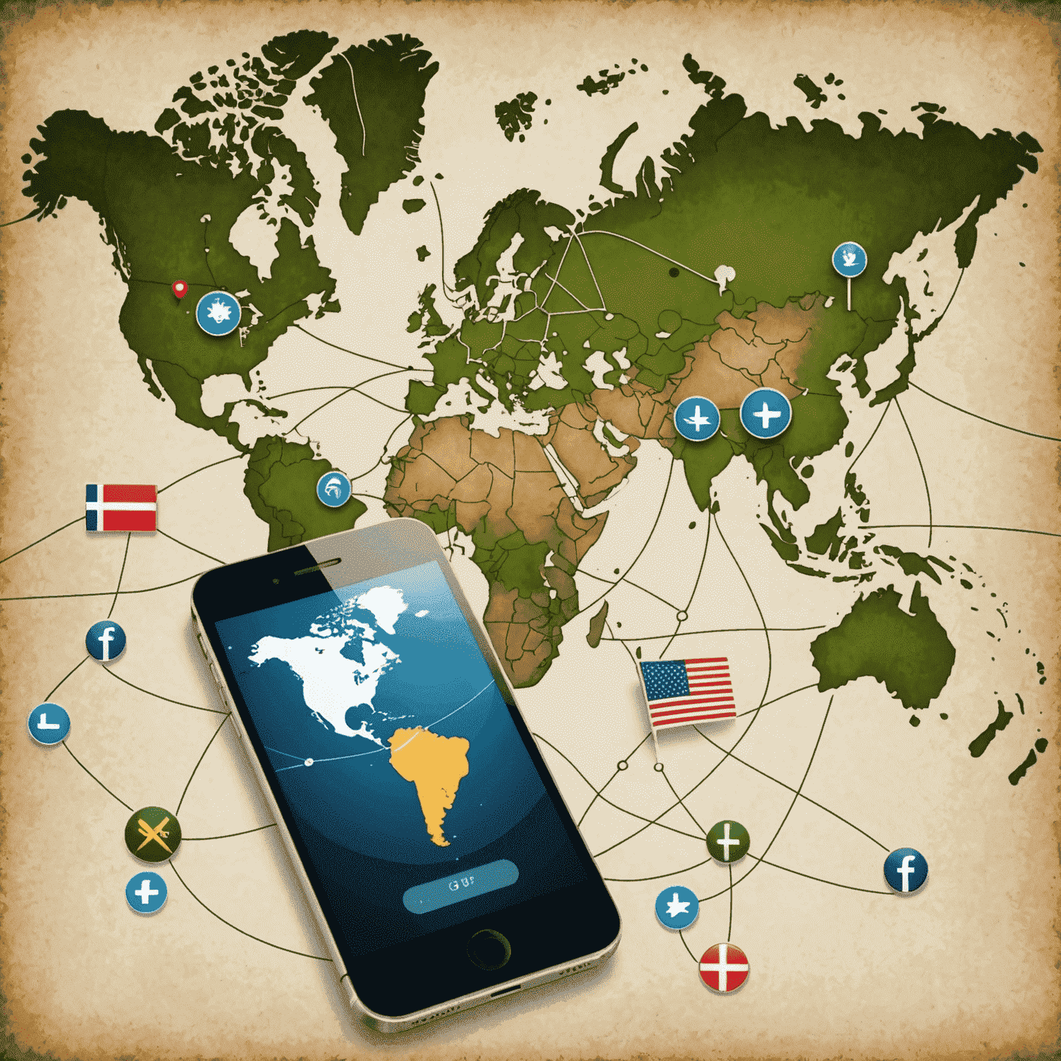 Illustration of a world map with phone icons connecting different countries